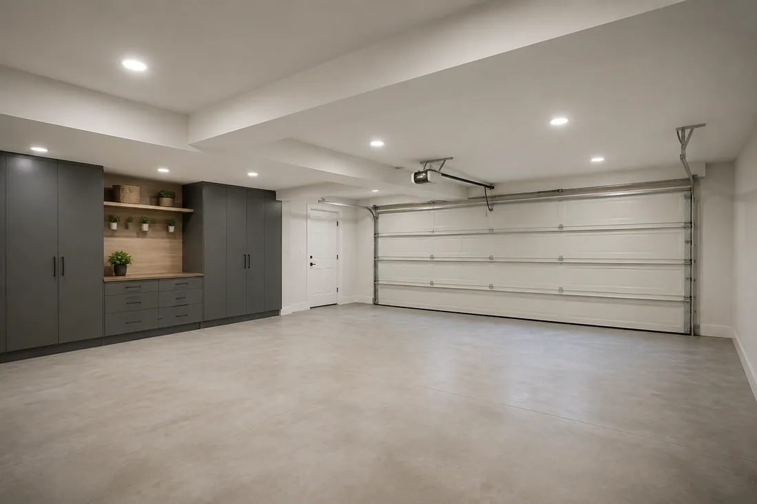 Clean finished residential garage with an open area for possible conversion