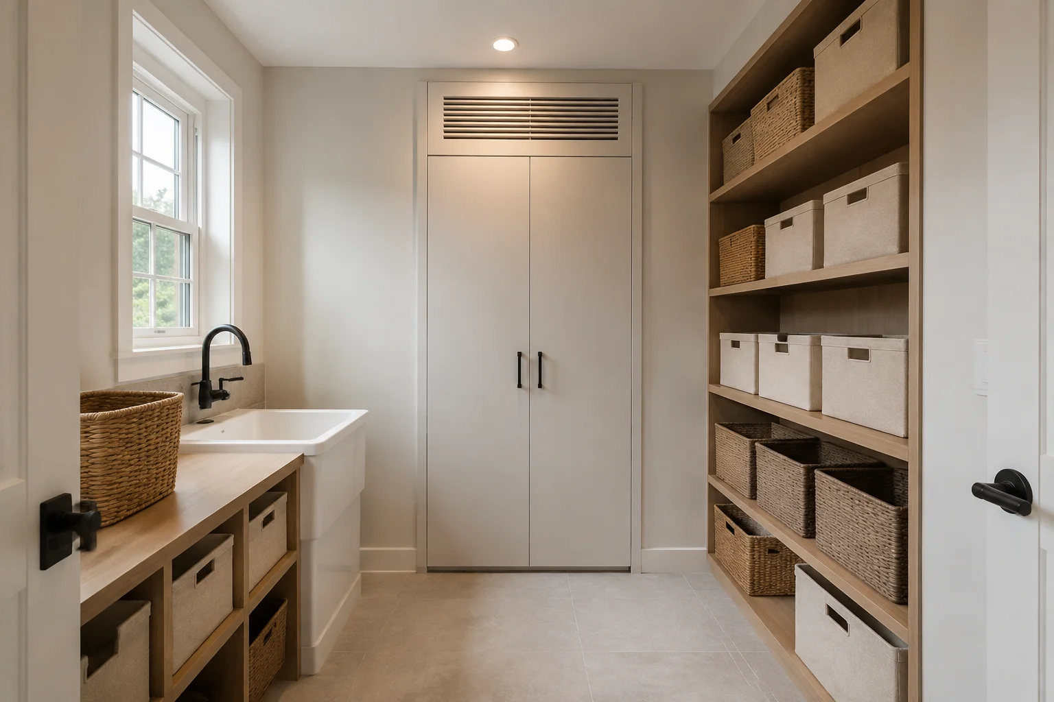 Compact residential storage and utility room with oak shelving and a utility sink