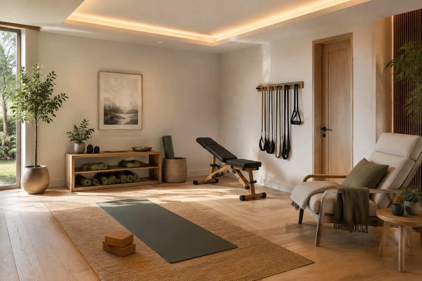 Dedicated home wellness and recovery room with yoga and fitness equipment