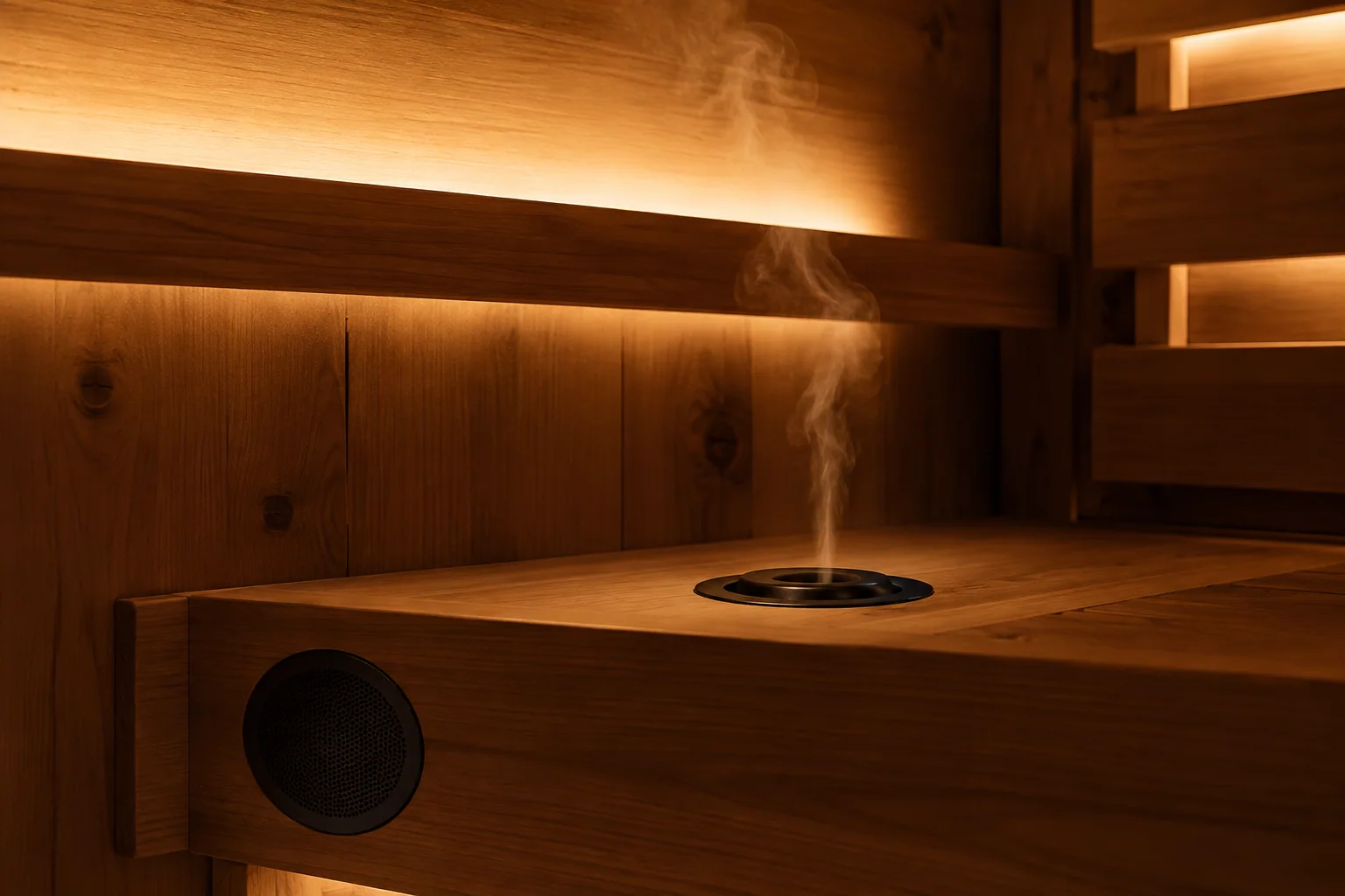 Discreet integrated speaker and aromatic detail within warmly lit sauna woodwork