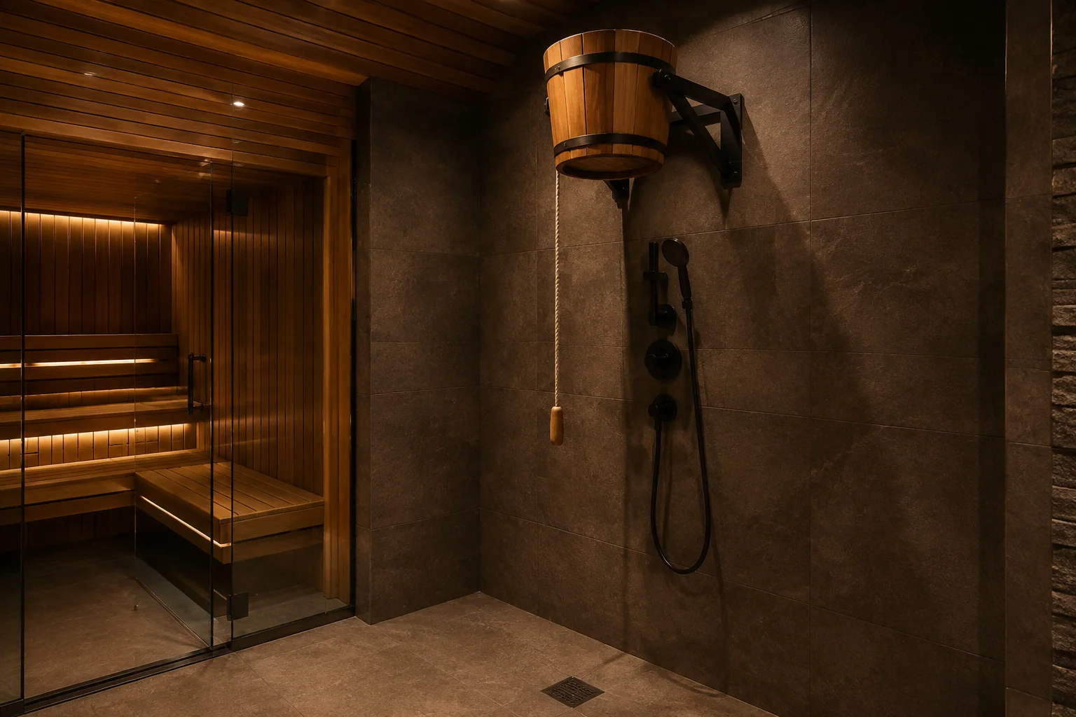 Wall-mounted waterfall bucket with pull cord above a shower zone beside a sauna