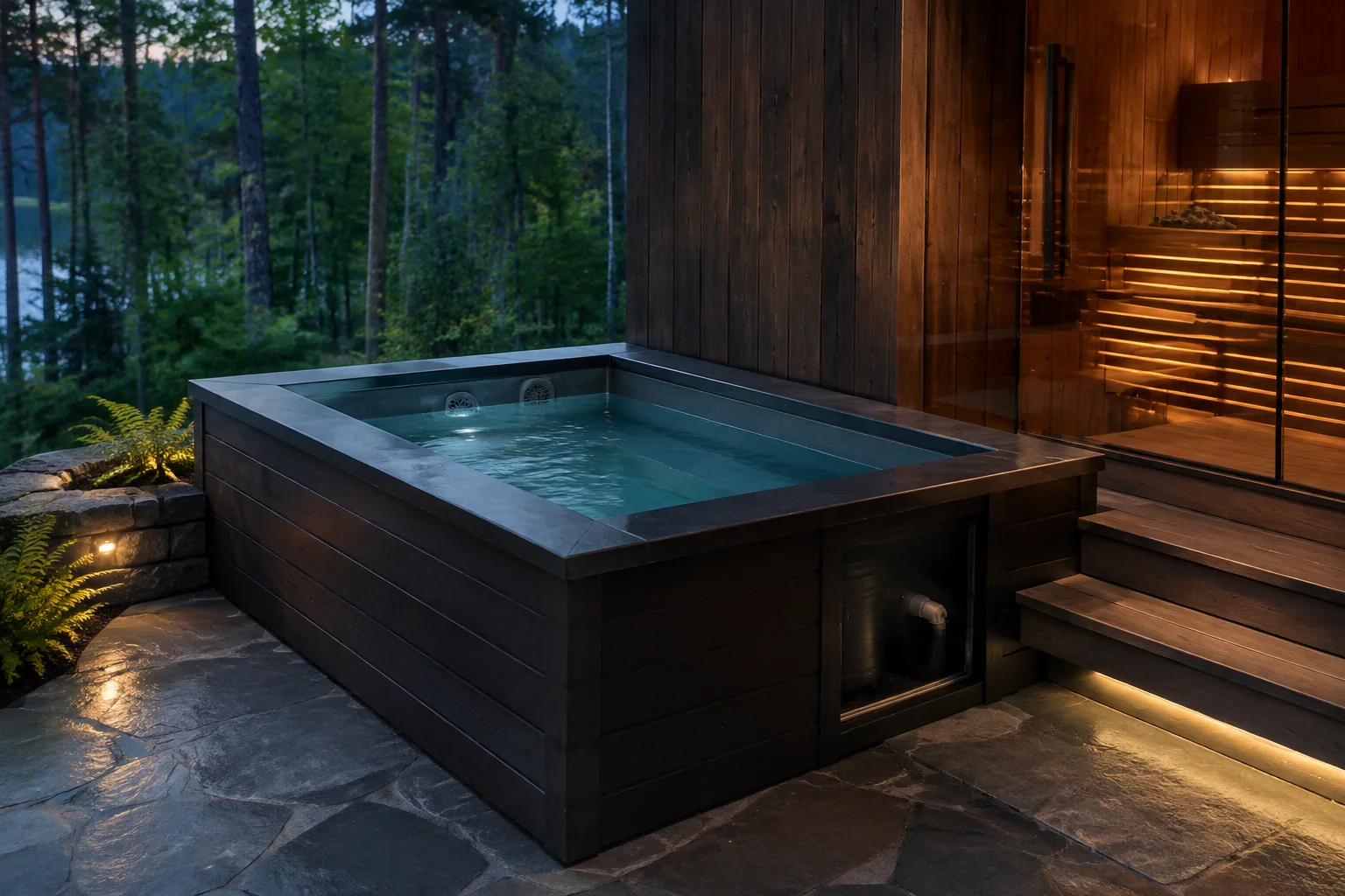 Cold plunge basin and surrounding deck beside a glass sauna