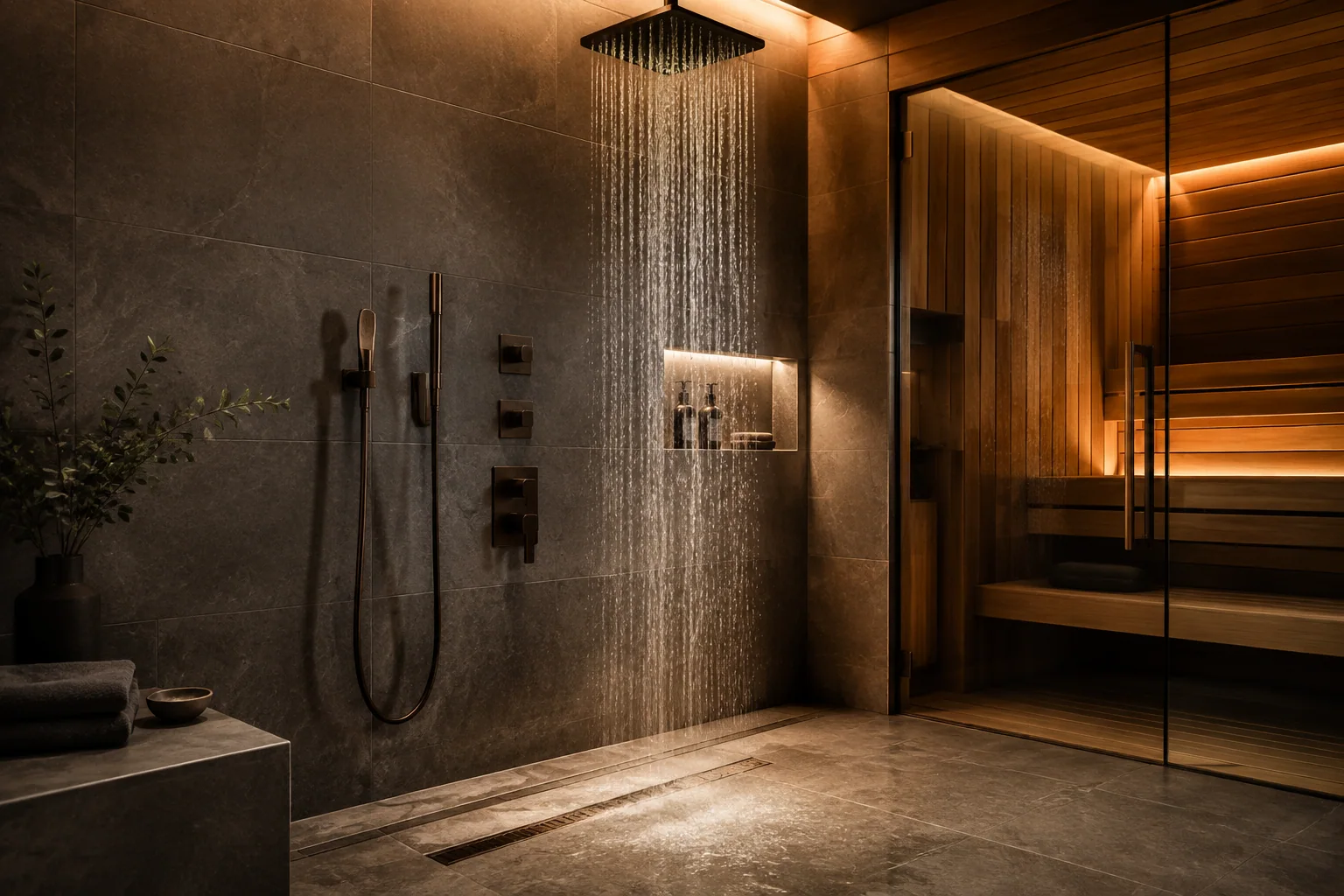 Rainfall and handheld shower integrated beside a glass sauna