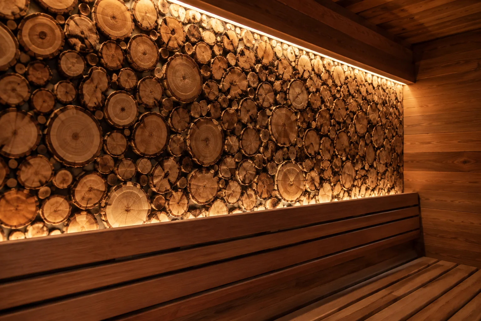 Juniper cross-cut feature panel with warm lighting behind a finished sauna bench