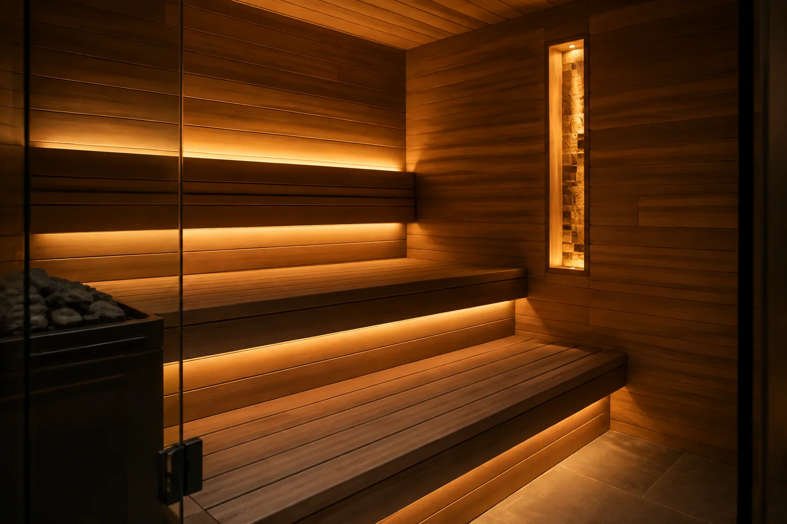 Finished sauna with concealed under-bench, backrest and feature lighting