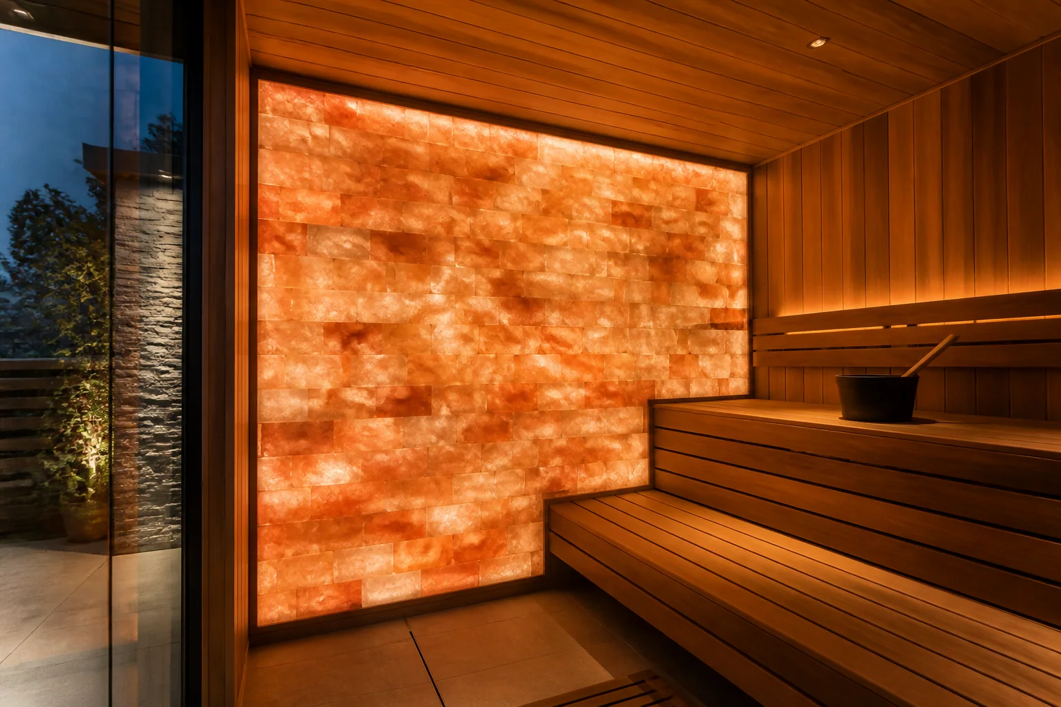 Full illuminated Himalayan salt feature wall in a finished sauna