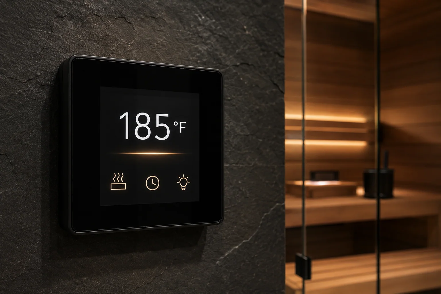 Installed sauna controller on a stone wall beside a finished glass sauna