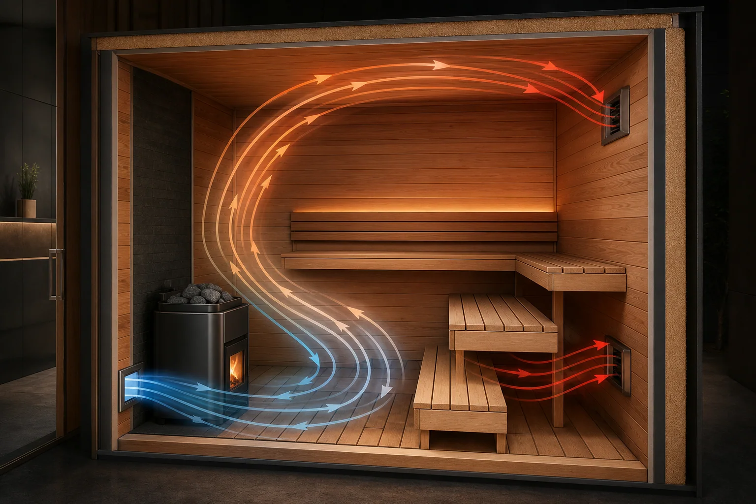 Illustrative sauna cutaway showing supply, circulation and exhaust airflow