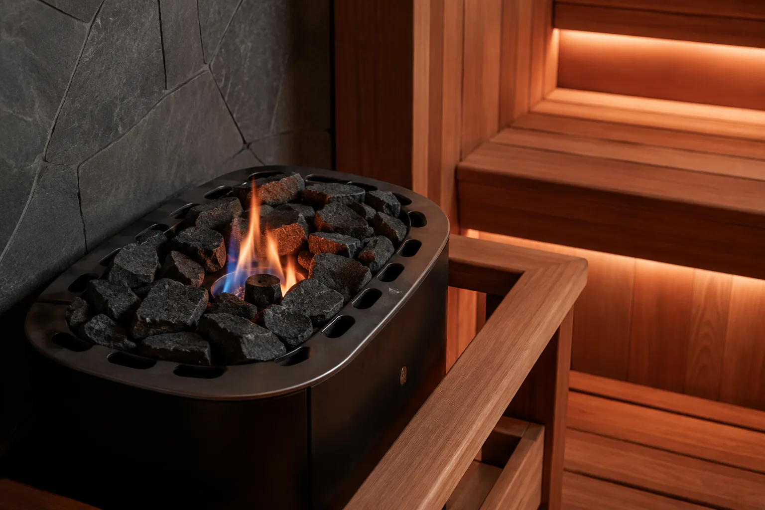 Contemporary wood-burning sauna heater surrounded by dark stones